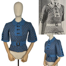 Load image into Gallery viewer, Reproduction 1930's Belted Jumper Hand Knitted from a 1936 Pattern in Blue and Brown