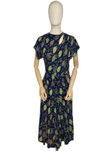 Load image into Gallery viewer, Stunning Original 1940's Dark Blue Dress with Cerise Pink and Lime Green Leaf Print