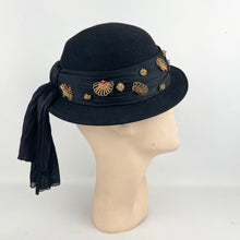 Load image into Gallery viewer, Original 1940’s Black Felt Hat with Bead, Sequin and Straw Trim and Large Bow *