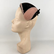 Load image into Gallery viewer, Original 1950's Chocolate Brown Velvet Hat with Baby Pink Nylon Trim *