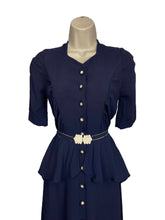 Load image into Gallery viewer, Original 1930's Navy Blue Crepe Belted Day Dress with Half Peplum and Two-Tone Buttons - Bust 32" *
