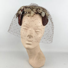 Load image into Gallery viewer, Original 1950's Brown and Cream Floral Half Hat with Veil *