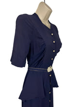 Load image into Gallery viewer, Original 1930's Navy Blue Crepe Belted Day Dress with Half Peplum and Two-Tone Buttons - Bust 32" *