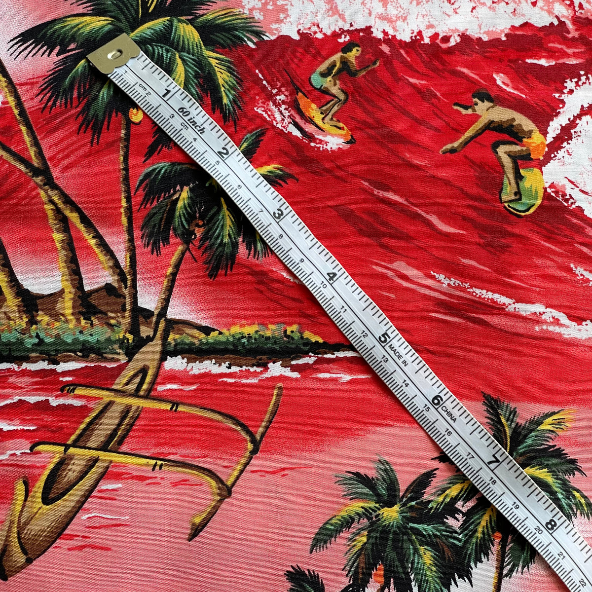 Red Hawaiian Themed Fabric with Surfers and Palm Trees - 100
