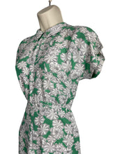 Load image into Gallery viewer, Original 1940’s Cold Rayon Day Dress in Green and White Flower and Spiderweb Print - Bust 34