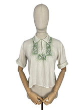 Load image into Gallery viewer, Original 1930's Hand Embroidered Muslin Blouse - Stunning Green Leaf Embroidery - Bust 34 36