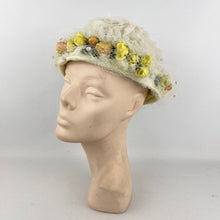 Load image into Gallery viewer, Original Late 1950's White Net Summer Hat with Orange and Yellow Flower Trim *