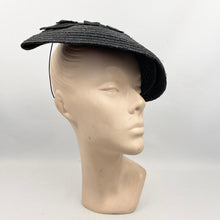 Load image into Gallery viewer, Original 1940's Black Straw Half Hat with Grosgrain Ruffle Trim - Great Summer Hat