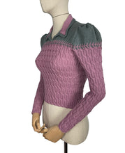 Load image into Gallery viewer, 1940's Reproduction Hand Knitted Long Sleeved Cable Jumper with Neat Collar in Mauve Pink and Ginseng Grey - Bust 34