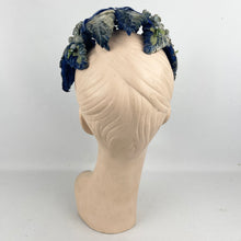 Load image into Gallery viewer, Original 1950’s Flower and Leaf Half Hat in Soft Blue and Green with Double Bow Trim