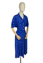 Load image into Gallery viewer, Reproduction Volup 1940's 1950's Novelty Print Pure Silk Dress in Blue with White Polka Dot Bows - Bust 40 42 *