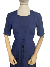 Load image into Gallery viewer, Original Classic 1940’s Blue Crepe Day Dress with Laced Waist Detail and Belt - Bust 34 35