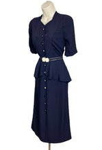 Load image into Gallery viewer, Original 1930's Navy Blue Crepe Belted Day Dress with Half Peplum and Two-Tone Buttons - Bust 32" *