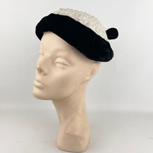 Load image into Gallery viewer, Original 1950's White and Black Hat with Velvet Bobble Trim - Charming Little Piece *
