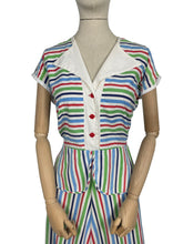 Load image into Gallery viewer, Original 1940's Lightweight Summer Dress in Stripes of Blue, Red and Green on White - Bust 38 40