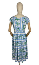 Load image into Gallery viewer, Original 1950's Floppy Cotton Day Dress in Blue and White Roses Stripe - Bust 34 35