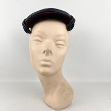 Load image into Gallery viewer, Original 1950’s Gertrude Singer Navy Blue Straw Hat with Wine Cotton Velvet Trim