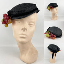 Load image into Gallery viewer, Original 1950’s Black Straw Hat with Velvet and Bunch of Grapes Trim