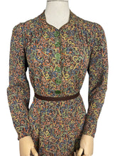 Load image into Gallery viewer, Original 1930’s Brown Crepe Long Sleeved Dress with Pretty Print in Blue, Rust, Green and Yellow - Bust 36 38