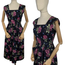 Load image into Gallery viewer, Original 1950's Classic Black Cotton Day Dress with Large Pink Roses - Bust 34 *