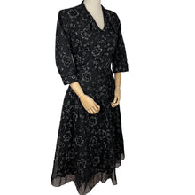 Load image into Gallery viewer, Original 1950's Volup Cocktail Dress in Black Net With Flower Print by Philip Kunick - Bust 42 44
