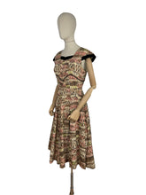Load image into Gallery viewer, Original 1950's Cocktail Dress in Brown and Gold Abstract Print with Black Velvet Accent - Bust 34 35 *