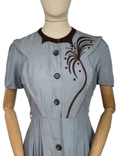 Load image into Gallery viewer, Original 1940’s CC41 Blue Cotton Dress with Brown Appliqué for the Shorter Lady - Wounded But Wearable - Bust 35 36
