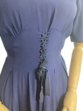 Load image into Gallery viewer, Original Classic 1940’s Blue Crepe Day Dress with Laced Waist Detail and Belt - Bust 34 35