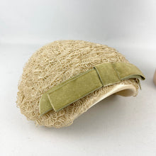 Load image into Gallery viewer, Original 1950’s Hat in Cream with Satin Edging and Soft Green Velvet Bow Trim *