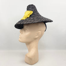 Load image into Gallery viewer, Original 1930’s 1940’s Navy Blue Conical Straw Hat with Large Double Bow Ribbon Trim in Chartreuse