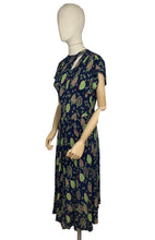 Load image into Gallery viewer, Stunning Original 1940's Dark Blue Dress with Cerise Pink and Lime Green Leaf Print