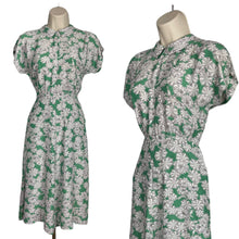 Load image into Gallery viewer, Original 1940’s Cold Rayon Day Dress in Green and White Flower and Spiderweb Print - Bust 34