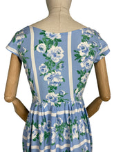 Load image into Gallery viewer, Original 1950's Floppy Cotton Day Dress in Blue and White Roses Stripe - Bust 34 35