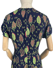 Load image into Gallery viewer, Stunning Original 1940's Dark Blue Dress with Cerise Pink and Lime Green Leaf Print