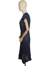 Load image into Gallery viewer, Charming Original Late 1930's or Early 1940's Sheer Navy and White Swiss Dot Dress with Ric-rac Trim - Bust 34 36