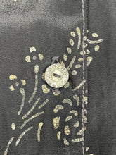 Load image into Gallery viewer, Original 1950’s Black Artificial Silk Blouse with Silver and Gold Glitter Floral Print and Glass Buttons - Bust 36 *