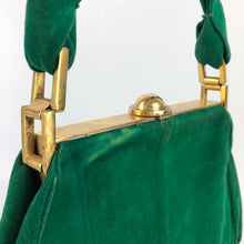 Load image into Gallery viewer, Original 1940's Large Kelly Green Suede Bag with Gold Tone Fastening