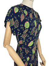 Load image into Gallery viewer, Stunning Original 1940's Dark Blue Dress with Cerise Pink and Lime Green Leaf Print
