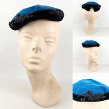 Load image into Gallery viewer, Original 1950's Blue and Black Cotton Velvet Cocktail Hat with Beading - Great Evening Hat *