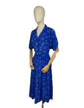 Load image into Gallery viewer, Reproduction Volup 1940's 1950's Novelty Print Pure Silk Dress in Blue with White Polka Dot Bows - Bust 40 42 *
