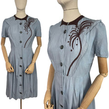 Load image into Gallery viewer, Original 1940’s CC41 Blue Cotton Dress with Brown Appliqué for the Shorter Lady - Wounded But Wearable - Bust 35 36