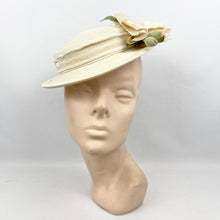 Load image into Gallery viewer, Original 1940’s 1950’s Cream Straw Hat with Velvet Trim and Large Fabric Rose