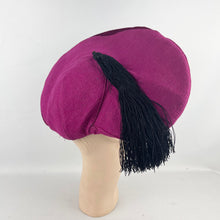 Load image into Gallery viewer, Original Huge 1940's Cerise Pink Seamed Fabric Hat with Black Tassel Trim