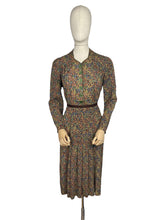 Load image into Gallery viewer, Original 1930’s Brown Crepe Long Sleeved Dress with Pretty Print in Blue, Rust, Green and Yellow - Bust 36 38