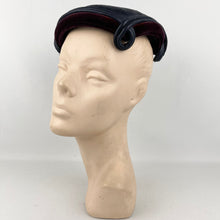 Load image into Gallery viewer, Original 1950’s Gertrude Singer Navy Blue Straw Hat with Wine Cotton Velvet Trim