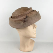 Load image into Gallery viewer, Original 1950’s Light Brown Straw Hat with Net and Bead Trim - Great Summer Hat *