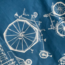 Load image into Gallery viewer, Original 1950's Cotton Sateen Dressmaking Fabric - Blue with White Design of Plans for Various Modes of Transport - 36" x 144"