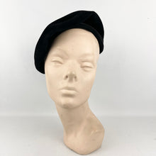 Load image into Gallery viewer, Original 1950's Inky Black Fur Felt Side Tilt Hat with Shaped Brim and Bow Trim
