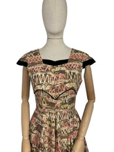Load image into Gallery viewer, Original 1950's Cocktail Dress in Brown and Gold Abstract Print with Black Velvet Accent - Bust 34 35 *