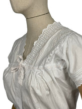 Load image into Gallery viewer, Antique White Cotton Chemise with Sleeves - Broderie Anglaise, Pintucks, Tie Waist and Yoke - Bust 34 36 *
